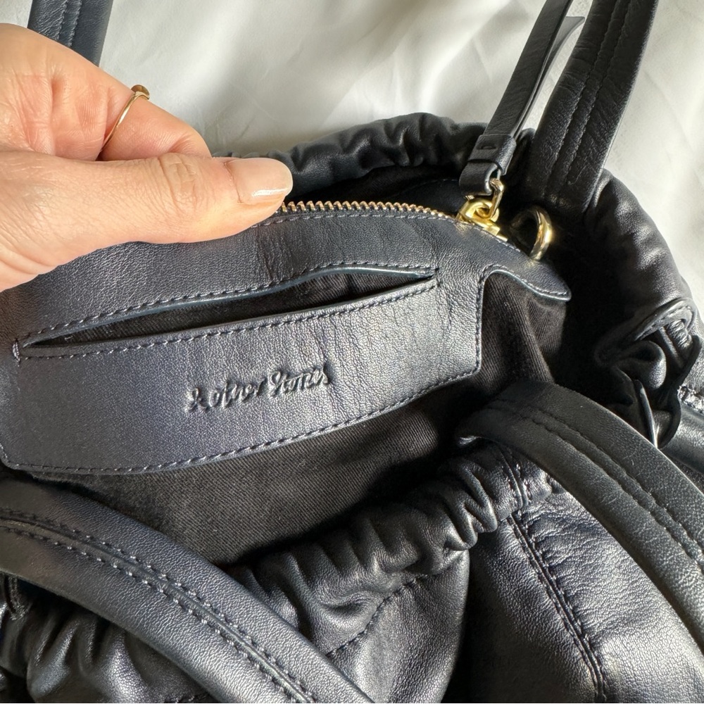 & Other Stories Leather Oversized Drawstring Tote, Navy. - Picture 8 of 12